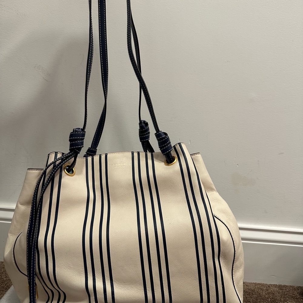 Tory Burch Cream and Navy Striped Drawstring Bucket Shoulder Bag - Picture 8 of 13